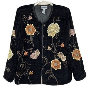 Indigo Moon Dark Floral Embroidered Jacket Size XL Chenille Sparkly Office Artsy